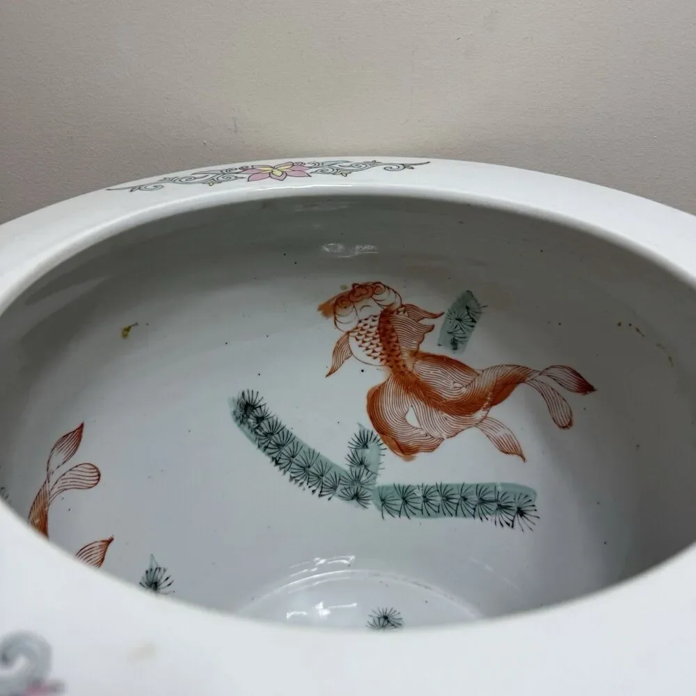 Vintage Porcelain Asian Fish Bowl Planter Pot Koi Chinoiserie 12x10 Blue Floral